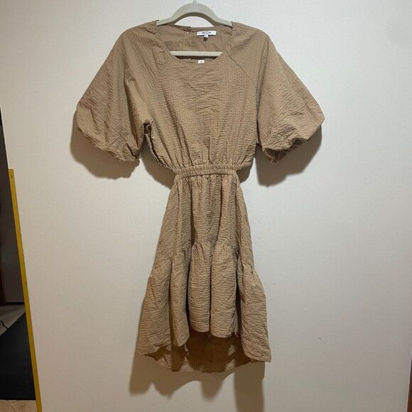NEW Madewell Size M Seersucker Puff Sleeve Cutout Mini Dress Tan Button Back - Picture 5 of 14